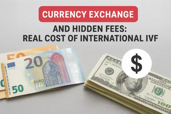 Image showing Euro and US dollar bills with the text “Currency Exchange and Hidden Fees: Real Cost of International IVF,” symbolizing hidden costs in cross-border fertility treatments.