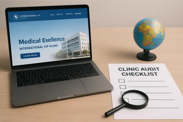 Realistic photo of a workspace with a laptop showing an international IVF clinic website, a printed “Clinic Audit Checklist,” a magnifying glass, and a small globe, symbolizing transparency and research before choosing a fertility clinic abroad.