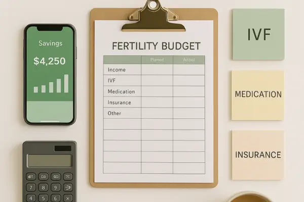 Minimalist top-down photo of a fertility budget planning workspace with calculator, spreadsheet, and sticky notes labeled IVF, Medication, and Insurance, representing organized, debt-free fertility financial planning.