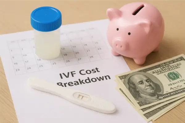 Flat lay of IVF cost concept — includes a pink piggy bank, pregnancy test, dollar bills, and a document labeled “IVF Cost Breakdown” on a wooden desk, symbolizing the financial planning involved in fertility treatments.