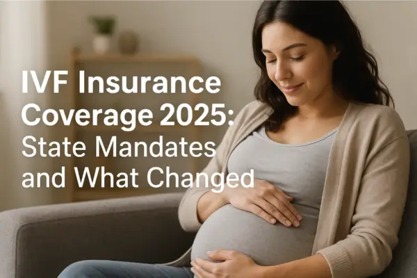 A pregnant woman sitting peacefully on a couch, gently holding her belly, representing IVF insurance coverage updates and new state mandates in 2025