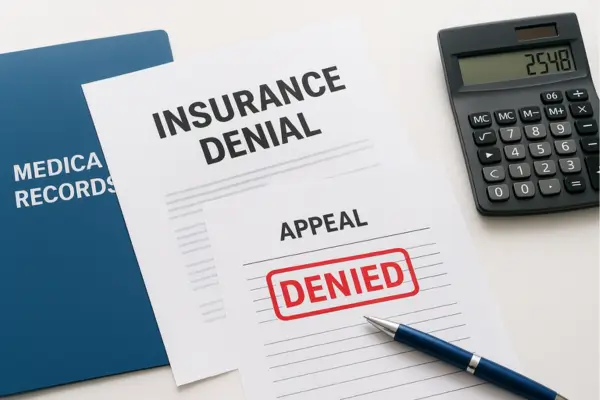 Overhead view of an insurance denial letter stamped “DENIED,” an appeal form with a pen, a blue medical records folder, and a calculator on a white desk, symbolizing the IVF insurance appeal process.
