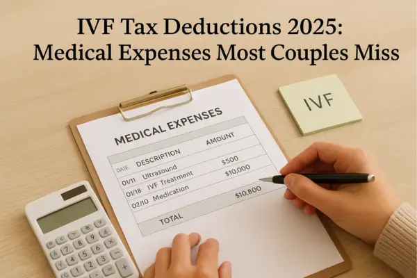 Close-up of a person calculating IVF medical expenses on a clipboard with a calculator and “IVF” sticky note, symbolizing overlooked fertility-related tax deductions in 2025.