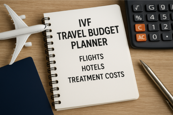 A realistic photo of a travel budgeting desk with a notebook titled “IVF Travel Budget Planner”, surrounded by a toy airplane, passport, calculator, and pen.