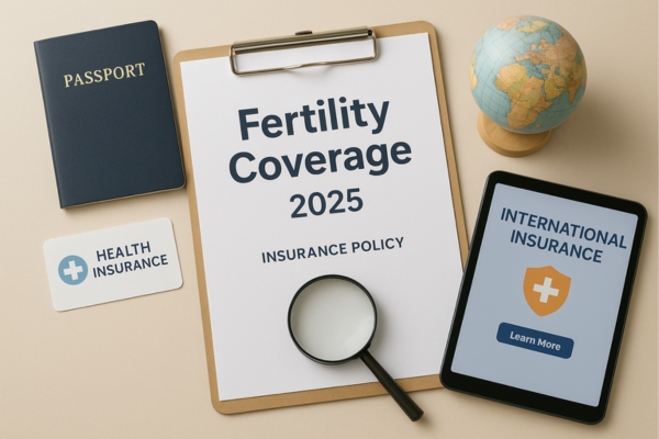 Realistic photo of a desk with a fertility insurance policy labeled “Fertility Coverage 2025,” a passport, health insurance card, magnifying glass, globe, and tablet showing “International Insurance,” symbolizing global fertility coverage options for 2025.