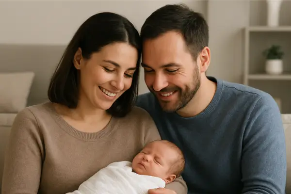 Happy couple sitting on a cozy couch, smiling and holding their newborn baby wrapped in a soft blanket, symbolizing the emotional reward behind real fertility spending journeys.