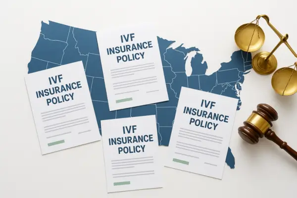 Flat lay of IVF insurance policy documents placed over a blue U.S. map with a gavel and justice scales, symbolizing state-by-state insurance mandates and legal regulations in 2025.