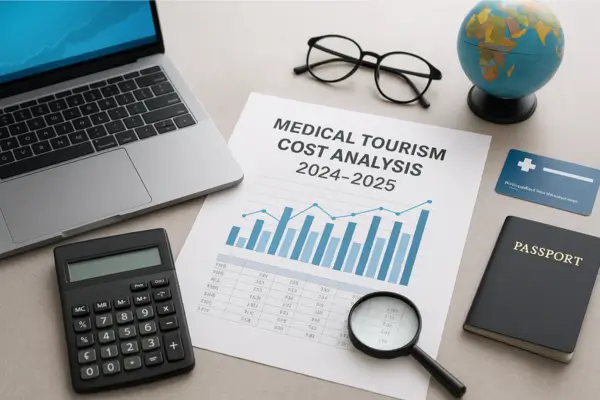 Realistic photo of a desk with a laptop, calculator, magnifying glass, and report titled “Medical Tourism Cost Analysis 2024–2025,” surrounded by a passport, globe, and glasses, symbolizing financial research and savings through global medical travel.