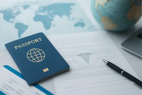 Professional workspace with passport, global map, and legal documents symbolizing international IVF regulations and cross-border embryo transfer documentation in 2025.