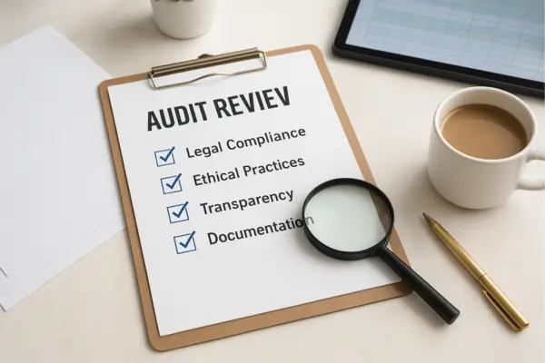 Professional desk with audit checklist, magnifying glass, and documents symbolizing legal and ethical review for fertility clinics.