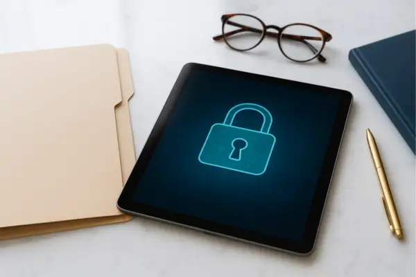 Professional desk with confidential folder and tablet showing a data lock icon, representing fertility clinic data privacy and patient information security.