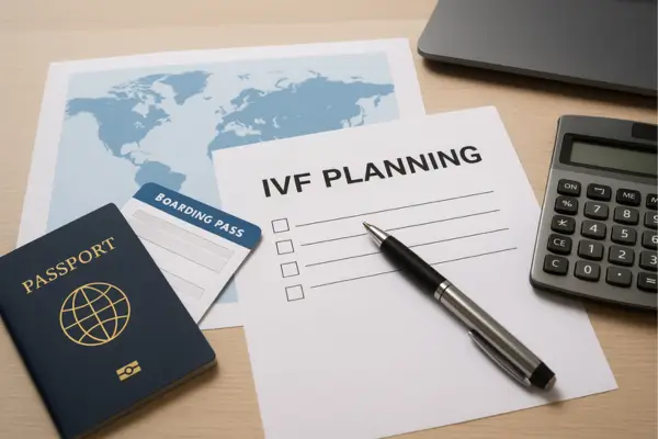 Professional travel-planning desk with passport, world map, and financial documents symbolizing IVF abroad decisions in 2025.