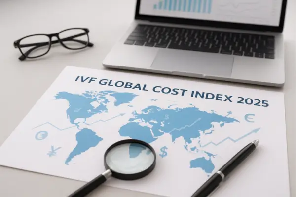 Modern workspace with world map, laptop, and analytical documents symbolizing the global IVF cost index and cross-country price comparison for 2025.