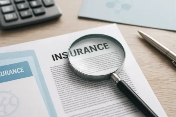 Close-up of insurance documents with a magnifying glass emphasizing fine print, symbolizing hidden IVF coverage costs under soft natural light