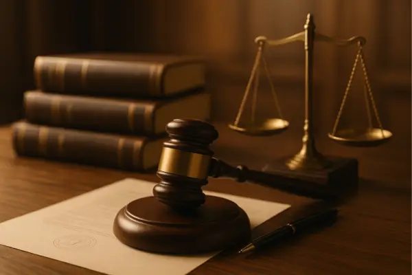 Editorial photo of a judge’s gavel and legal books under warm light, symbolizing landmark IVF lawsuits and the evolution of fertility law