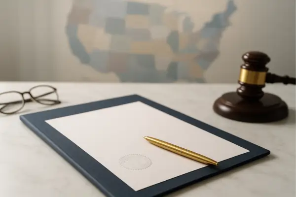Professional workspace with legal documents, pen, and a blurred U.S. map symbolizing state-by-state surrogacy and donor law differences in 2025.
