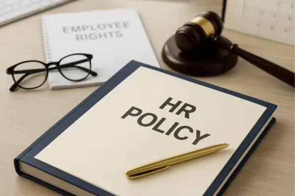 Professional office desk with HR policy folder, glasses, and legal symbols representing workplace rights and fertility protections in 2025.