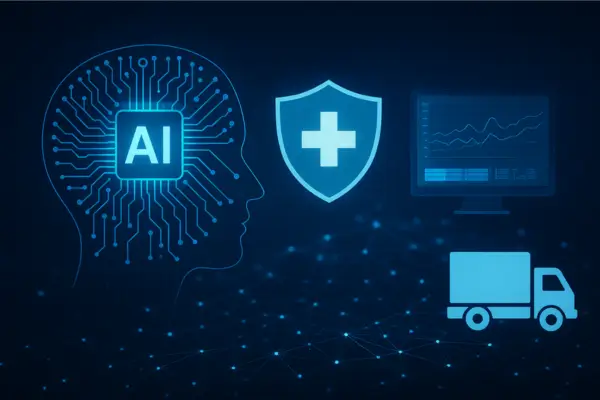 Realistic digital illustration representing how artificial intelligence and big data improve healthcare systems, showing technology networks, medical data analytics, and logistics innovation in modern hospitals.