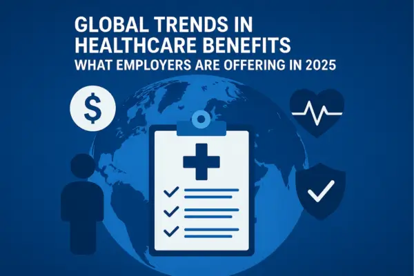 Modern digital illustration showing global healthcare benefit trends for 2025, with a clipboard checklist, health icons, and a world map symbolizing how employers are expanding medical coverage and wellness programs worldwide.
